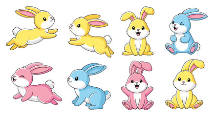 Obraz premium Colorful cartoon bunnies in various cute and playful poses