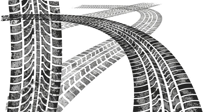 Grunge tire tracks on white background with curved patterns