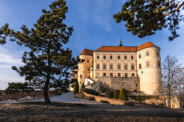 Mikulov Castle in South Moravia, Czech Republic, captured during spring in sunny weather. Scenic historic architecture with clear sky and warm daylight, ideal for travel