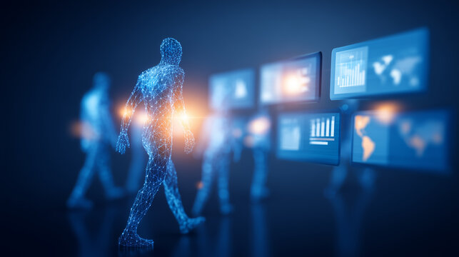 Wireframe human figures walking beside digital dashboards representing data driven behavior analysis, human activity tracking, and smart monitoring systems.
