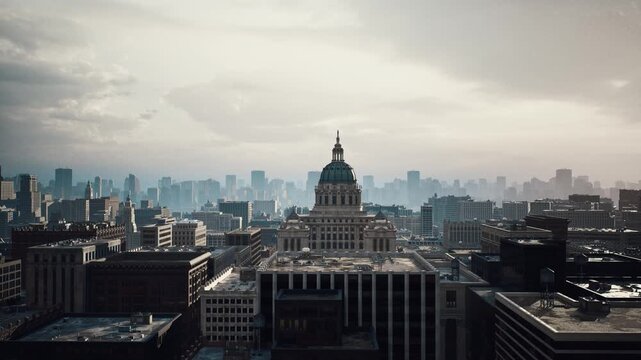 moody city skyline under heavy clouds, historic domed landmark rising above dense rooftops, hazy horizon and muted tones, cinematic aerial perspective conveying