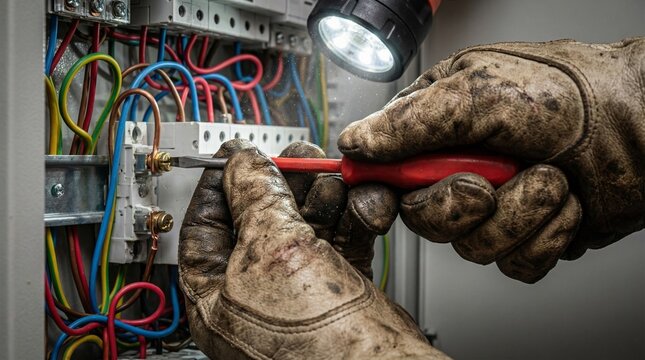 Electrician wearing heavy protective gloves working with tools inside a complex electrical fuse box panel.