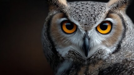 Obraz premium Close-up of a majestic owl with striking yellow eyes and intricate feather patterns, set against a dark background highlighting its features and textures