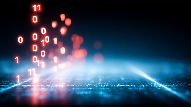 Binary digits rising from a digital surface representing coding, data transmission, and the language of modern computing systems.
