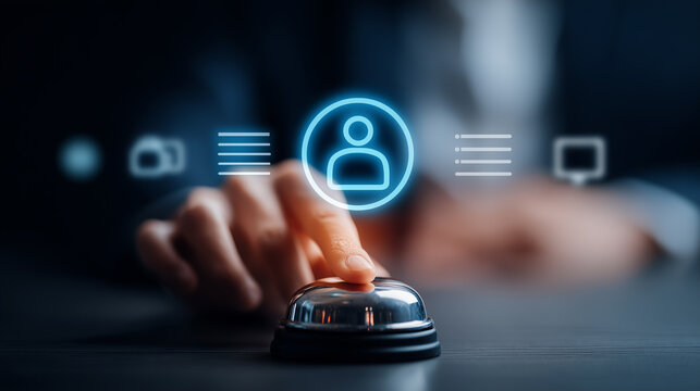 Finger pressing a service bell with a virtual user icon interface symbolizing customer support, contact assistance, and responsive digital service management.
