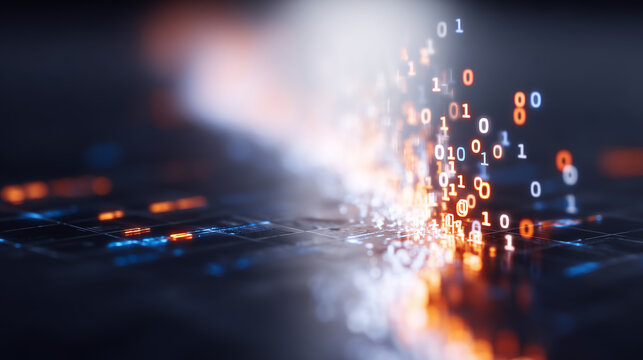 Binary digits rising from a digital surface representing data generation, information processing, and the transformation of code into modern computing power.
