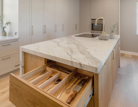 A modern kitchen island features an open wooden drawer and a natural stone countertop. This luxury home interior design includes custom cabinetry and a marble surface, showcasing professional 