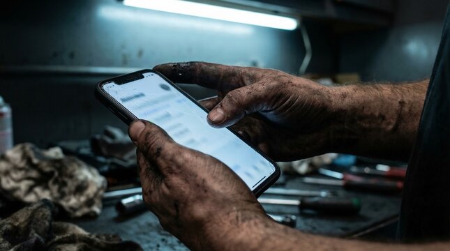 Close-up of heavily soiled, dirty hands holding and using a modern smartphone.