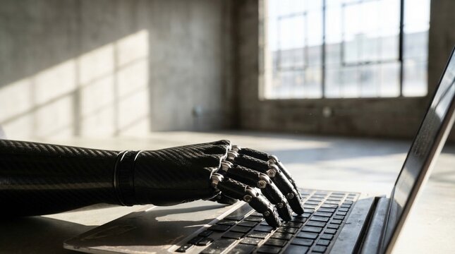 Futuristic metallic bionic robot hand typing fast on a modern laptop keyboard.