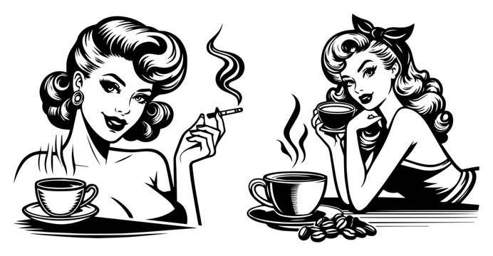 Retro pin-up women with coffee and cigarette set, vintage 1950s lady lifestyle illustrations, monochrome cafe break scene