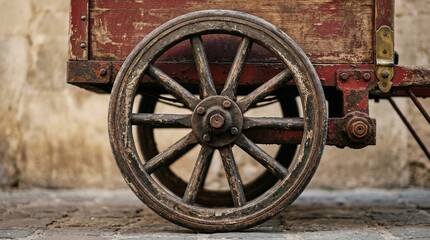 Fototapeta premium Old wooden wheel of vintage popcorn cart on cobblestone surface 