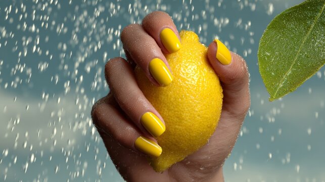 Hand holding a fresh yellow lemon with bright yellow nails, water droplets splashing around, and a green leaf in the background against a cloudy sky