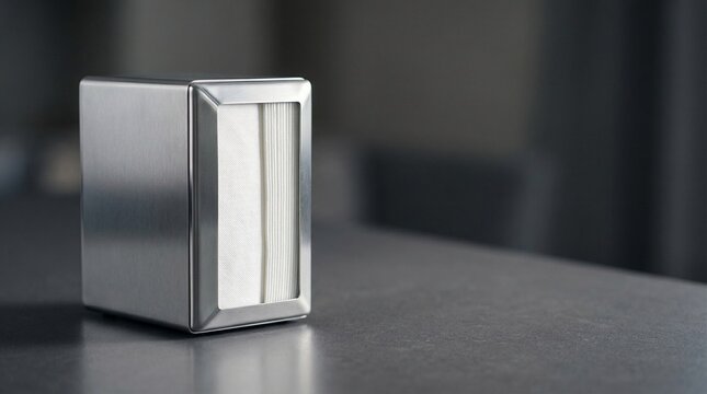 Modern metal napkin dispenser on counter in contemporary setting  