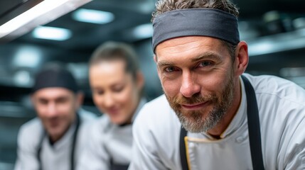 Fototapeta premium Male chef with beard and headband poses confidently in a modern kitchen, two colleagues blurred in the background, all wearing professional cooking attire