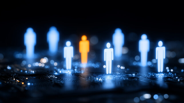 Human figures highlighted on a circuit board representing audience segmentation, digital identity mapping, and targeted user analysis in data driven systems.
