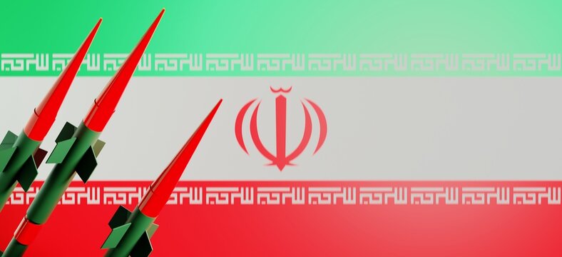 world war 3, iran flag in battle conflict with usa war, a nuclear missile weapon military, 3d illustration rendering