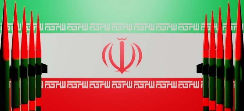 world war 3, iran flag in battle conflict with usa war, a nuclear missile weapon military, 3d illustration rendering