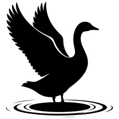 Fototapeta premium Black silhouette vector of a goose or swan with outstretched wings standing in water ripples