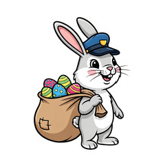 Fototapeta premium A cheerful bunny dressed as a police officer, carrying a sack full of colorful Easter eggs, perfect for holiday greetings