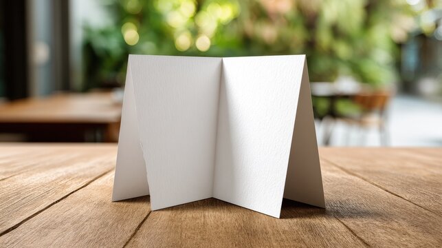 Blank table tent mockup on a wooden desk with two white panels