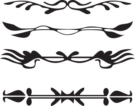 Monoline black ornamental decorative motifs with wave and leaf patterns