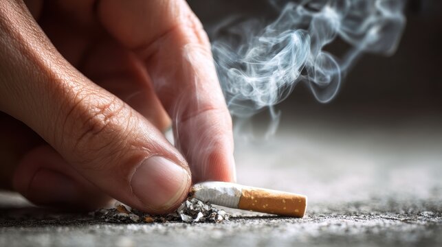 Close-up of a male hand crushing a cigarette to symbolize quitting smoking