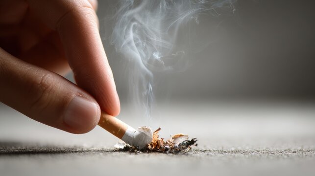 Moment of resolve: hand crushing a cigarette as a sign of quitting