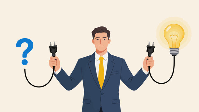 Businessman holding plug and lightbulb