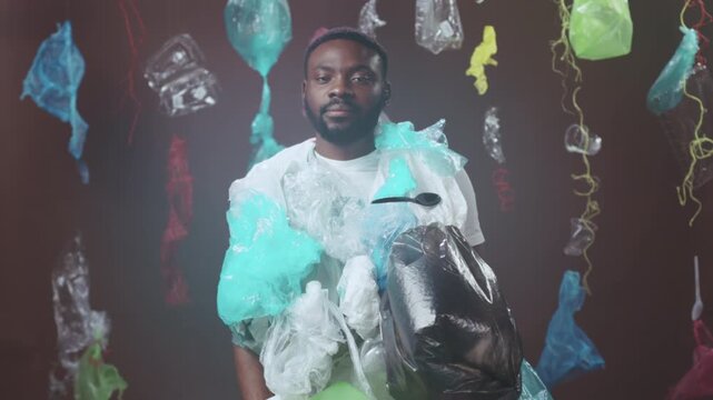 Man protests environmental waste clutter, Person displaying defiance amidst plastic waste and vivid lighting