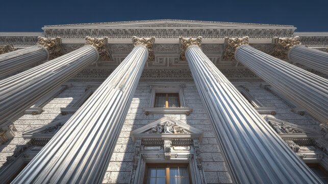 3D illustration of a grand classical architectural facade with marble columns and detailed pediment