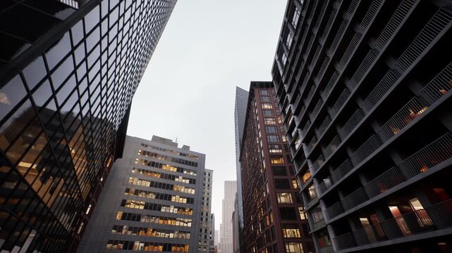 evening city canyon with glowing windows, mirrored facades and dense highrise blocks framing narrow street, warm interior lights contrasting cool sky, cinematic