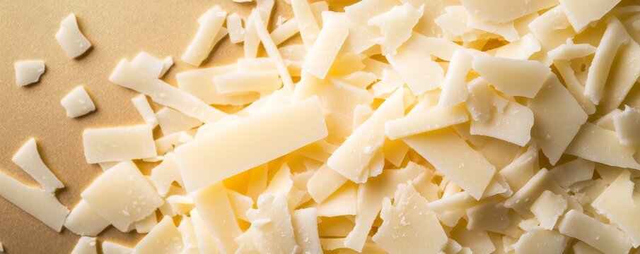 Bright close-up of irregular white chocolate flakes forming a delicious texture pile on a rich golden background. Sweet dessert ingredient concept. topping, cacao