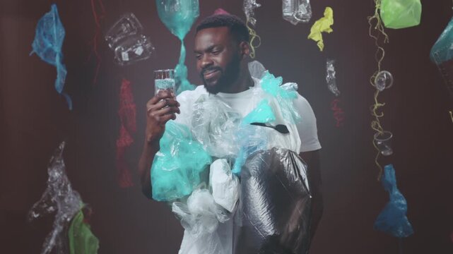 Plastic wrapped human sculpture amidst colorful bags, Man in art piece with foil and plastic bags background