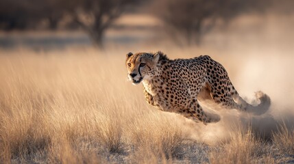Naklejka premium Dramatic cheetah chase across grasslands during golden hour
