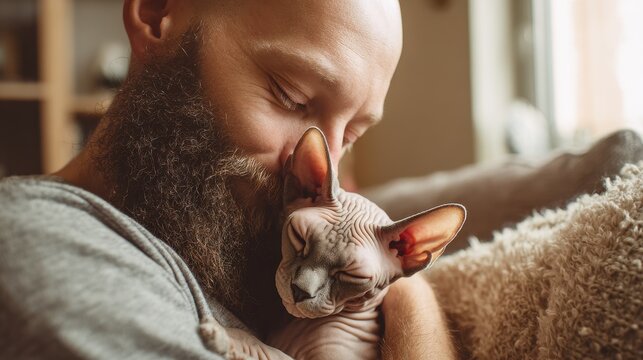 Affectionate portrait of a man and his Devon Rex kitten in a cozy living room