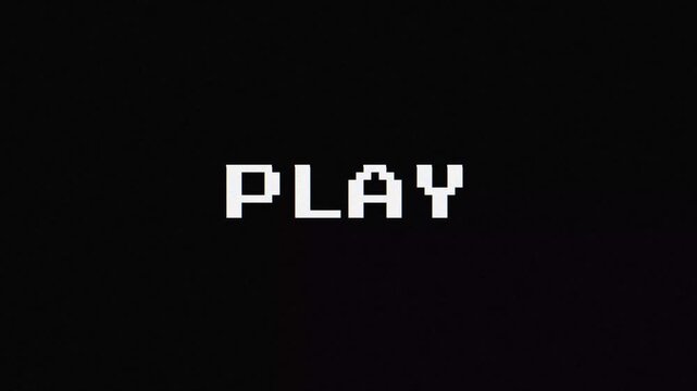 Pixelated 'PLAY' text on a dark screen, embodying a retro video aesthetic similar to classic arcade games or old VHS players, symbolizing the start of media playback