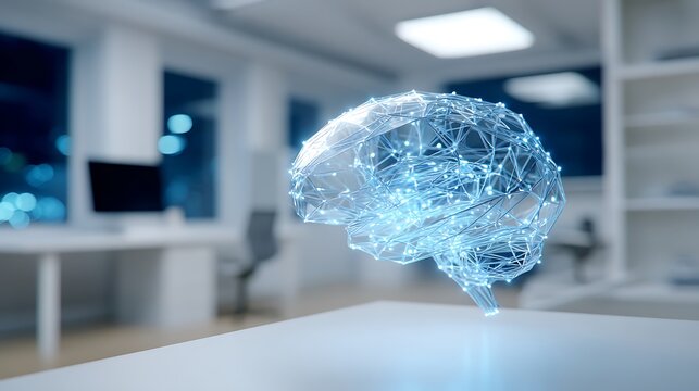 A glowing blue brain model sits on a white desk in a modern office space