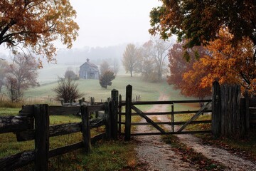 Obraz premium Foggy autumn yard in a rural setting with mist, fallen leaves, and a weathered wooden fence