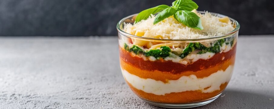 Deconstructed Lasagna Parfait Vibrant layers of pasta, rich tomato, creamy b&Atilde;&copy;chamel, spinach and Parmesan in a glass, basil garnish on grey.,Italian ,gourmet