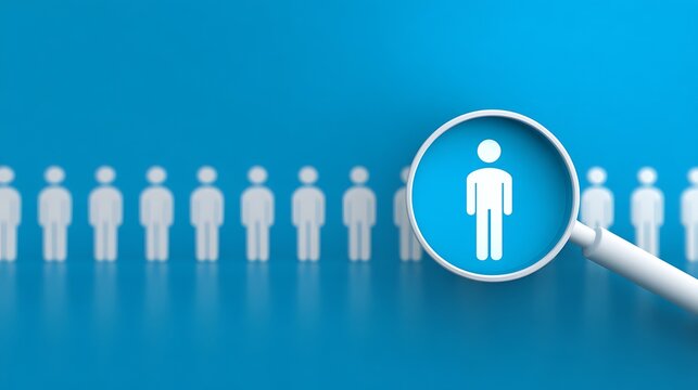 A magnifying glass focuses on a single person icon among many on a blue background