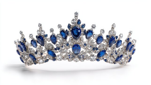Delicate silver crown featuring diamond pav&Atilde;&copy; and sapphire accents, bridal accessory for elegant ceremonies, white background