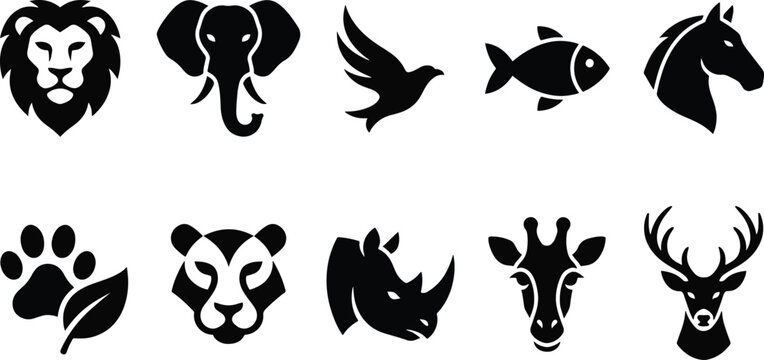 Black silhouettes of various animal heads and paw