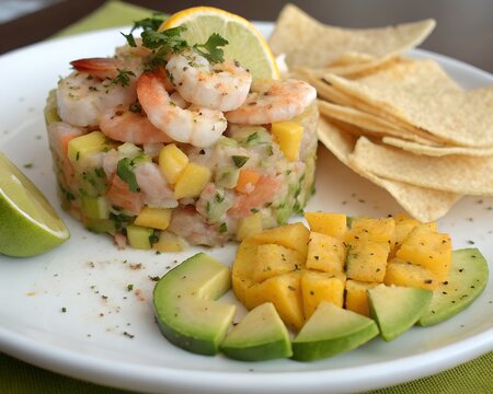 Fresh shrimp and mango ceviche served with tortilla chips and avocado slices with mexican food with latin american food with party food with cooked shrimp