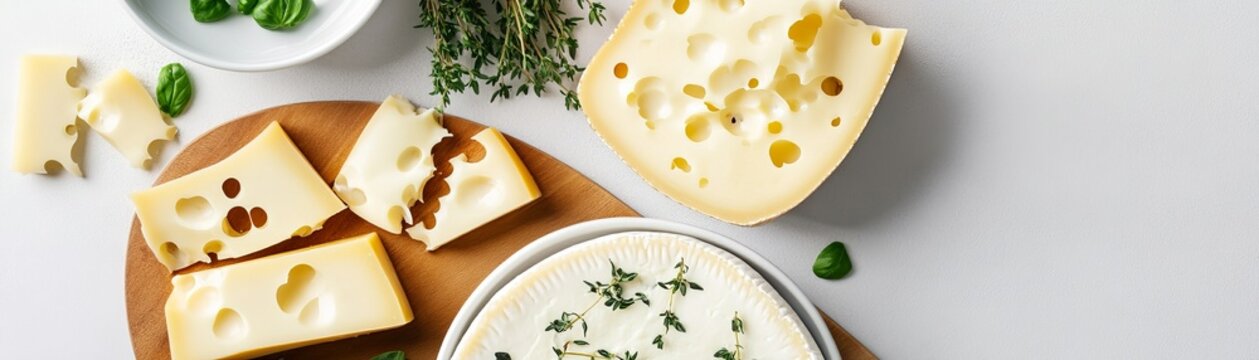 Flat lay of a gourmet cheese board various Swiss cheese slices, creamy Brie with thyme and fresh basil on wood and white. A delightful dairy appetizer spread. ,Food ,Delicatessen