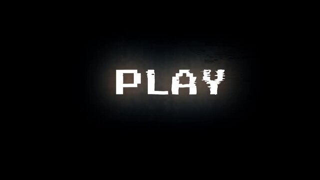 Pixelated 'PLAY' text with a nostalgic analog video distortion and digital screen static effect, evoking a retro tech vibe
