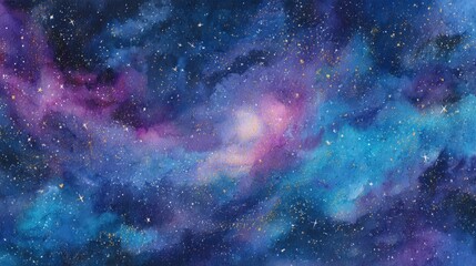 Fototapeta premium Dreamy space scene in watercolor: vibrant nebulas over a dark midnight sky
