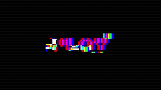 Vibrant digital glitch effect distorts the word 'PLAY' on a dark screen, evoking retro video game aesthetics and tech malfunctions with a dynamic visual error