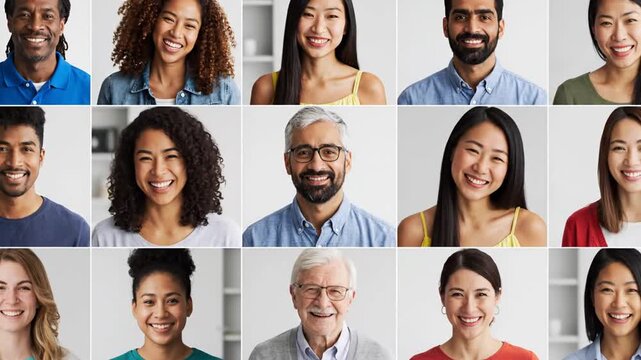 Large group of fifteen diverse smiling adults of different ages and ethnicities standing together in a bright indoor setting, representing community unity and social inclusion.