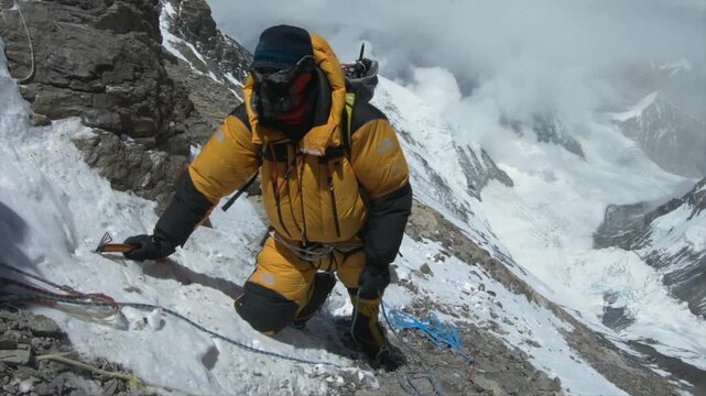 Extreme climber with an ice axe moving up a steep, snowy mountain ridge in the Himalayas