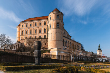 Mikulov Castle in South Moravia, Czech Republic, captured during spring in sunny weather. Scenic historic architecture with clear sky and warm daylight